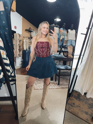 Pleated Denim Flare Skirt