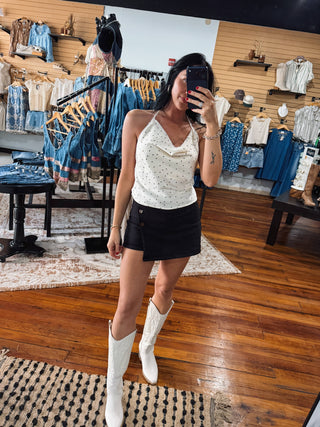 Satin Polka Cowl Neck Halter