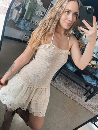 Cream Smocked Eyelet Ruffle Halter Dress