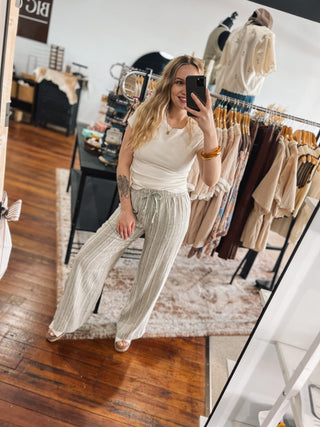 Sage Stripe Lightweight Drawstring Wide Leg Pants