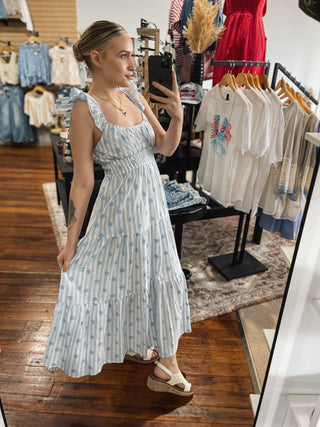 Blue Willow Stripe Floral Midi Dress