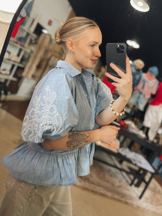 Dusty Sky Embroidered Puff Sleeve Peplum Top