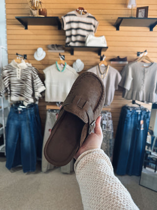 Brown Buckle Stitch Mule