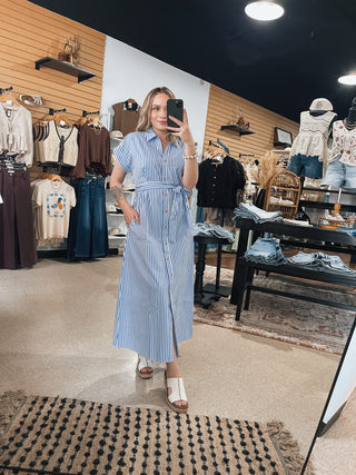 Blue & White Striped Belted Dress