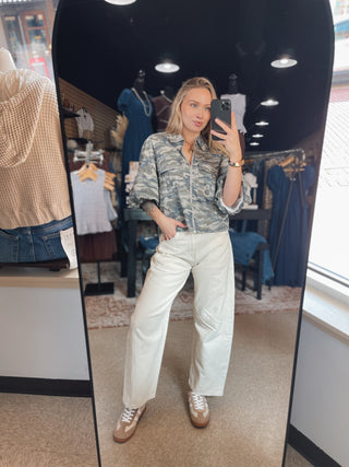 Collared Camo Puff Zip Top