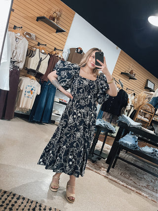 Navy Floral Embroidered Puff Sleeve Dress