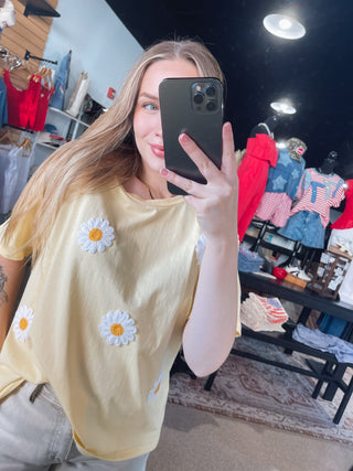 Butter Yellow Embroidered Daisy Top