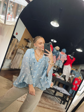 Powder Blue Meadow Embroidered Top