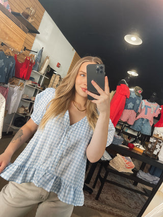 Sky Blue Gingham Ruffle Top