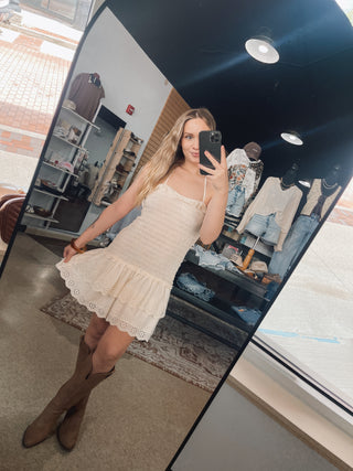 Cream Smocked Eyelet Ruffle Halter Dress