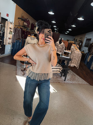 Cream Lace Hem Knit Top