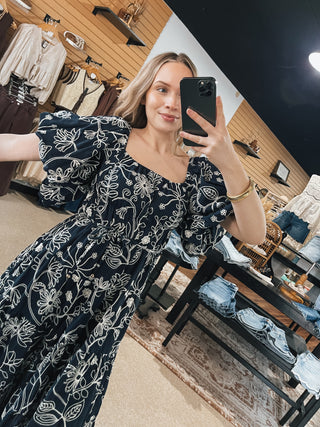 Navy Floral Embroidered Puff Sleeve Dress