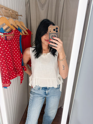 White Ruffle Hem Side Tie Tank Top
