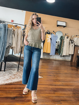 RISEN High Rise Tummy Control Dark Wash Raw Edge Crop Jeans