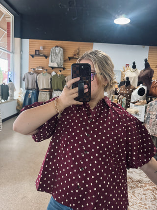 Wine Polka Puff Sleeve Top