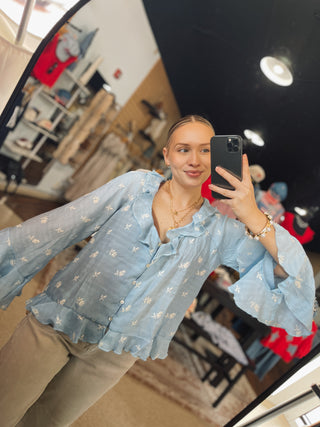 Powder Blue Meadow Embroidered Top