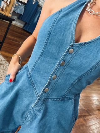 Open Back Denim Halter Romper
