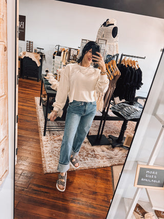 Raw Edge Hem Pullover - Cream