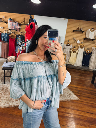 Dusty Blue Boho Embroidered Top
