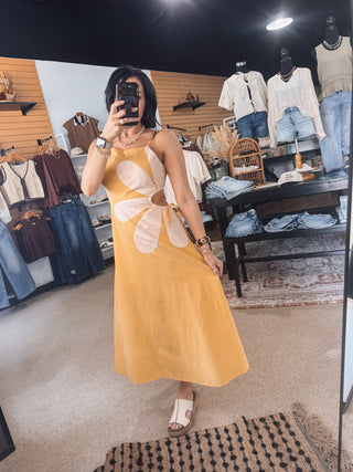 Golden Floral Cutout Midi Dress