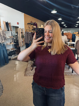 Maroon Crochet Textured Knit Top