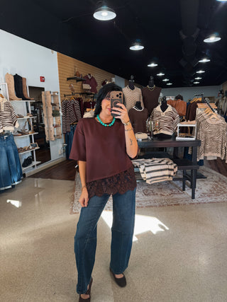 Cocoa Asymmetrical Lace Trim Top