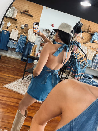 Open Back Denim Halter Romper
