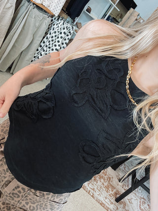 Black & Tan Stitched Floral Appliqué Tank