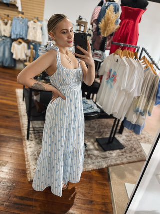 Blue Willow Stripe Floral Midi Dress
