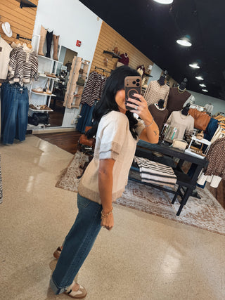 Oatmeal Contrast Double Sleeve Knit Top