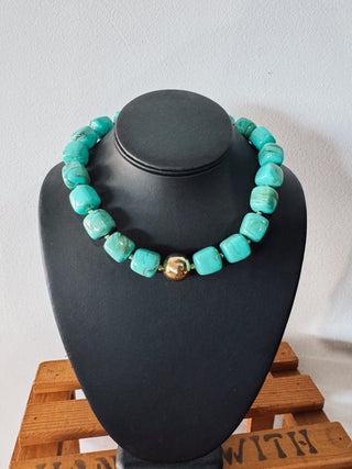 Chunky Cyan & Gold Accented Statement Necklace