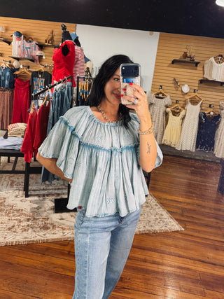 Dusty Blue Boho Embroidered Top