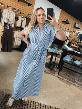 Blue & White Striped Belted Dress