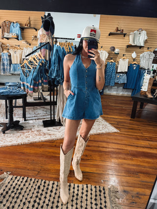 Open Back Denim Halter Romper