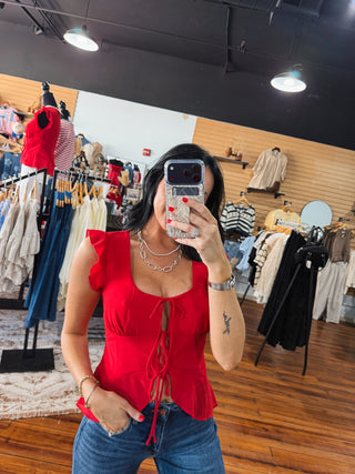 Ruby Ruffled Shoulder Front Tie Top