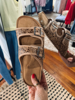 Deep Tan Western Tooled Look Sandals