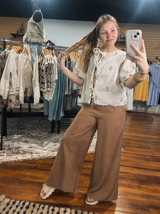 Ivory Floral Embroidered Tie Front Top