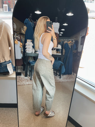 Subtle Olive Barrel Stitch Jeans