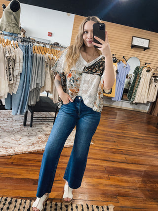 RISEN High Rise Tummy Control Dark Wash Raw Edge Crop Jeans