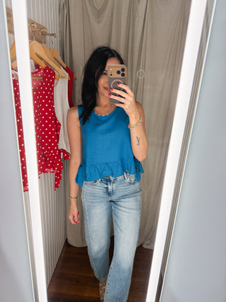 Blue Ruffle Hem Side Tie Tank Top