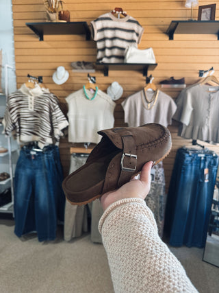 Brown Buckle Stitch Mule