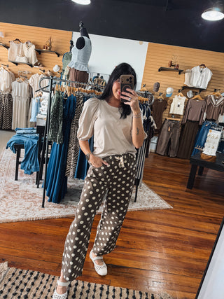 Relaxed Brown Barrel Drawstring Polka Pants