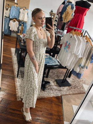 Olive Vine Smocked Midi Dress