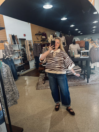 Brown Zebra Collared Knit Top