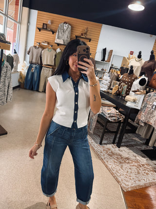 Denim Collared Sleeveless Sweater