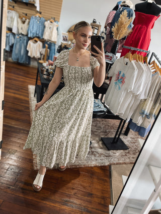 Olive Vine Smocked Midi Dress