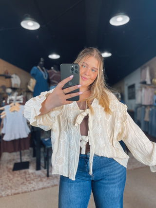 Draped Cream Embroidered Tied Top