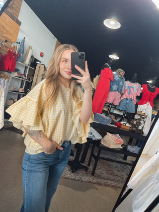 Butter Yellow Gingham Ruffle Sleeve Top