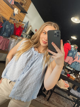 Powder Blue Swiss Dot Sleeveless Top