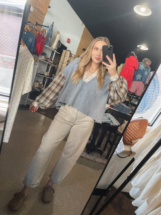 Dusty Blue Mineral Wash Plaid Sleeve Top